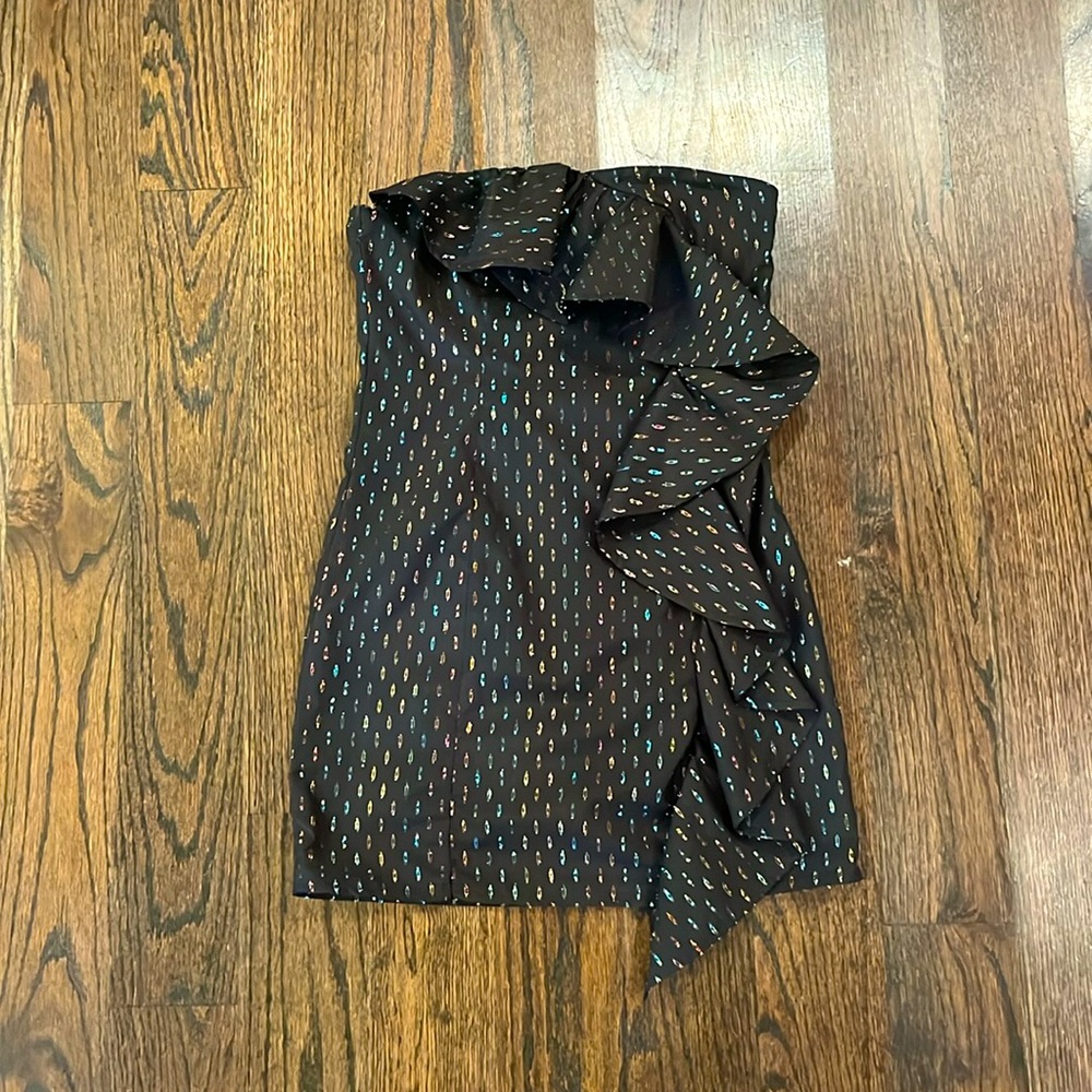Black sparkly strapless mini dress with ruffle